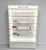 Présentoir LED pour Soins de la Peau à Cadre Noir Perforé Argenté, Base Noyer, Boîte à Lumière, Certifié CE ETL, Vente Directe Usine
