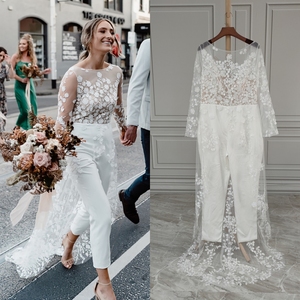 12550 # vraies photos manches longues fleurs dentelle dos nu robe de mariée <span class=keywords><strong>combinaison</strong></span> robe de mariée pour les femmes <span class=keywords><strong>avec</strong></span> balayage train - Product Image 1