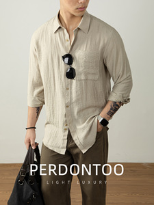Camisa de Hombre de Alta Gama, Estilo Casual, de <span class=keywords><strong>Lino</strong></span> Plisado Transpirable con Textura Natural y Cuentas, Estilo Clásico y Elegante - Product Image 2