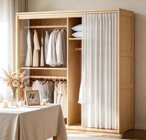 Armoire ouverte en chêne naturel de qualité supérieure avec porte à rideau et éclairage LED, organisateur de vêtements suspendus moderne et minimaliste pour chambre à coucher - Product Image 3