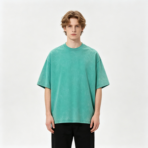 T-shirt pour homme en coton pur délavé à l'acide, coupe ample, design personnalisé, col rond premium, style rétro vieilli - Product Image 2