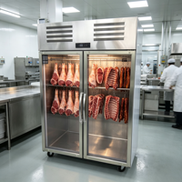 Réfrigérateur commercial YueCool pour cuisine professionnelle, vitrine à viande suspendue, 2 portes, en acier inoxydable et verre, pour présentation de bœuf