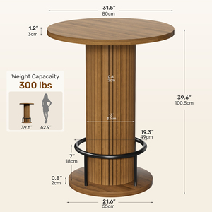 Modern Fluted Column Round <b>Bar</b> <b>Table</b> Thick Round Tabletop Counter Height Pub <b>Table</b> with Built-in Footrest for Cafe & Bistro - Product Image 5
