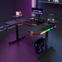 Table d'ordinateur en forme de L robuste avec surface en fibre de carbone, design pliable et extensible, pieds réglables, bureau de jeu haut de gamme, crochet pour casque
