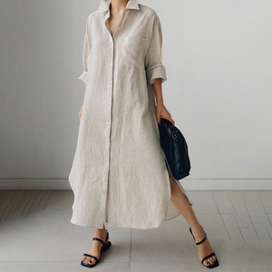 Abiti personalizzati in <span class=keywords><strong>lino</strong></span> di cotone naturale per le donne a maniche lunghe <span class=keywords><strong>abito</strong></span> <span class=keywords><strong>Midi</strong></span> in <span class=keywords><strong>lino</strong></span> di colore solido da donna - Product Image 1