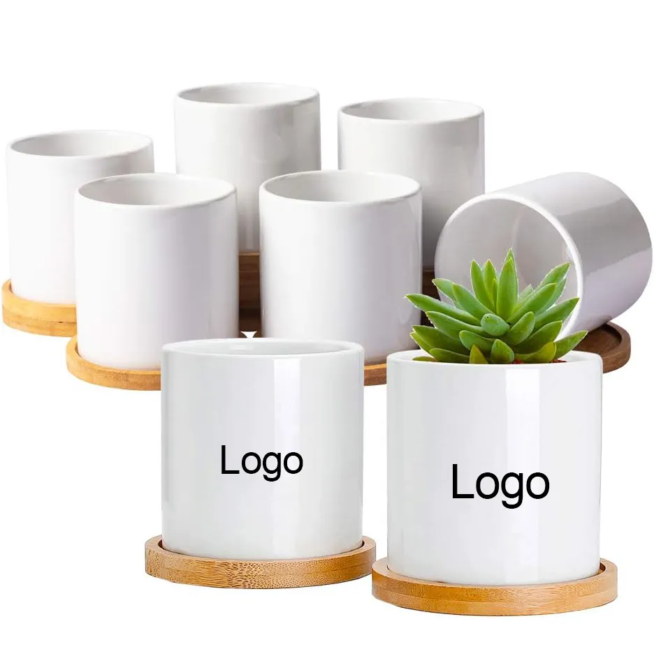 Logotipo personalizado directo de fábrica, 11oz, sublimación de cerámica, macetas de plantas suculentas en blanco con bandeja de bambú, cilindro pequeño para interiores