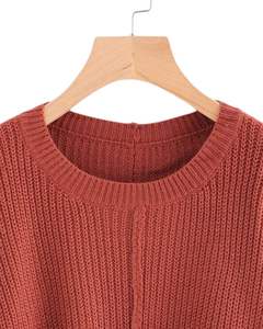 Suéter de Punto Acanalado con Manga Larga Abullonada, Puño con Lazo, Cuello Redondo, Suave, Informal, para Invierno, Color Rojo Óxido, Ropa de Moda - Product Image 4