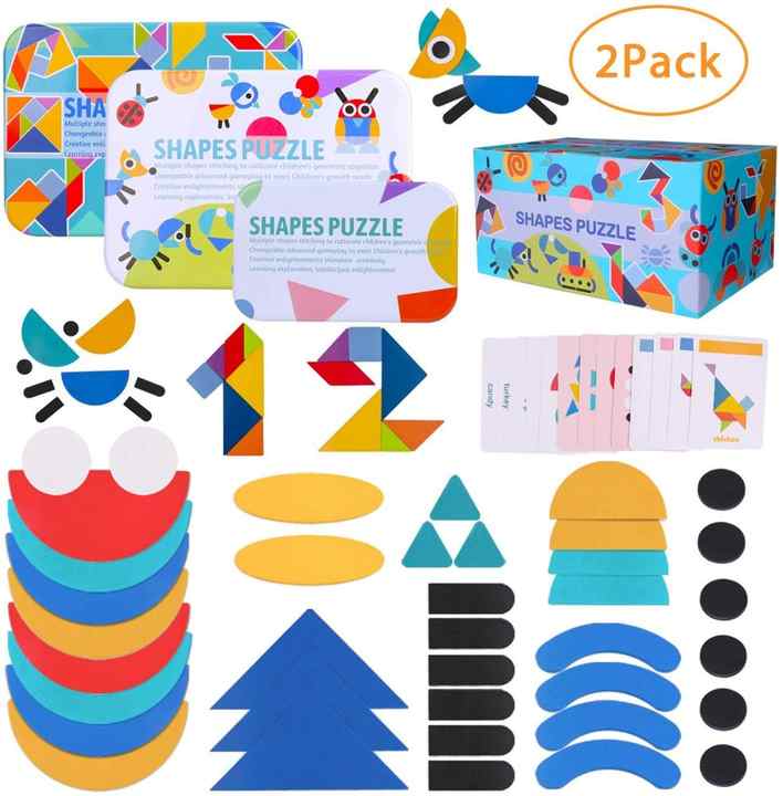 Wooden Pattern Blocks - Tangram Shape Puzzle Set Color Sorting Stacking ...
