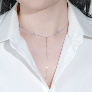 Perhiasan Fashion Elegan Bebas Nikel Perak 925 Berlapis Rhodium Bersertifikat Kalung Y Lariat Berhiaskan Moissanite 3mm&2mm Bentuk Empat Daun Semanggi - Product Image 3