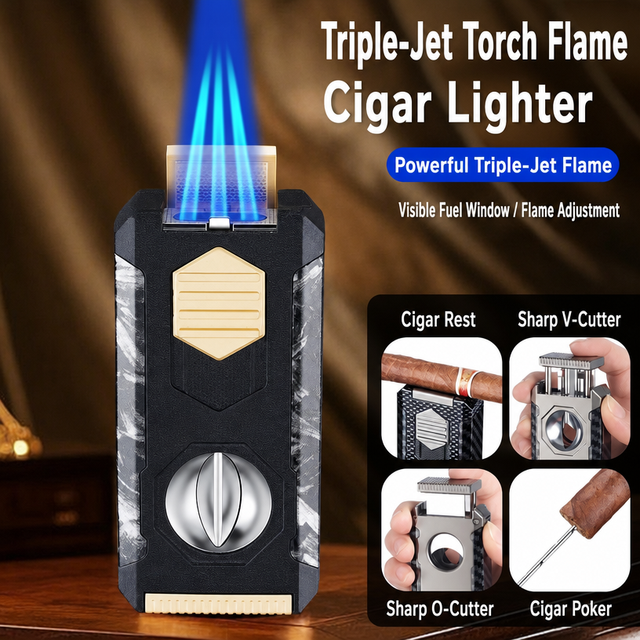 Multifunctional Triple Jet Flame Cigar Lighter with V-Cut and Straight Cigar Cutter Windproof Alloy Body Transparent Fuel Window