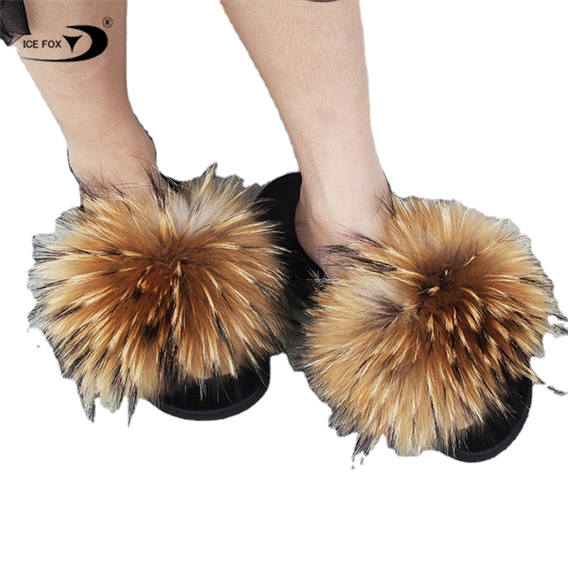 Сланцы женские из натурального меха енота, удобные меховые тапочки, пушистые тапочки