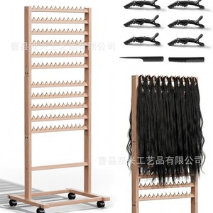 Soporte de madera para extensiones de cabello, de madera maciza, con múltiples niveles y ruedas para exhibir extensiones de cabello. - Product Image 1