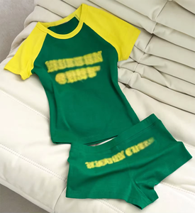 Của Phụ Nữ Y2K Crop Top Ngắn Tay Áo Raglan T Áo Sơ Mi Quần Short Thiết Lập Tùy Chỉnh Bông Jersey Denim Vải In Mô Hình Spandex Chất Liệu - Product Image 2