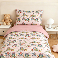 Ensemble de literie rose en coton 100% doux pour enfants, imprimé hibou et fleurs, 4 pièces, housse de couette pour filles, thème forêt, couvre-lit