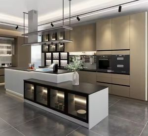 Gabinete de Cocina de Madera Marrón de Alto Brillo Personalizado de Lujo con Vidrio - Product Image 1