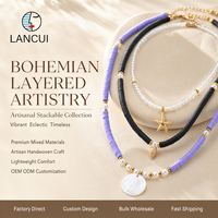Collier ras du cou multi-rangs 3 brins en perles d'argile noires et violettes, coquillages, étoiles de mer et perles, bijoux fantaisie pour femme, pendentif tendance