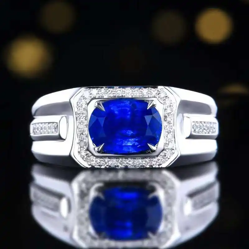 SGARIT Jewelry 18K White Gold 2.22CT Oval Cut Sri Lanka Sapphire Wedding Ring Gemstone Natural Royal Blue Sapphire Ring For Men