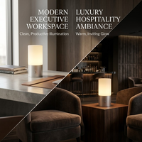 Kotak Hadiah Premium Lampu Meja LED Isi Ulang Minimalis Modern untuk Ruang Makan, Bar, dan Perhotelan, dengan Desain Kaca & Aluminium, Tanpa Kabel, dan Pencahayaan Ambient.