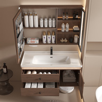 Meuble-lavabo flottant avec miroir LED, porte-serviettes, tiroirs de rangement et vasque effet bois pour salle de bain moderne