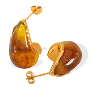 Teardrop Resin Gold Plated <b>Stud</b> Earrings Amber Color Zinc Alloy Fashion Jewelry for Women - Product Image 5