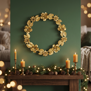 Corona Floral Dorada Redonda de Metal, Decoración Navideña para Colgar en la Pared, Estilo Glam, Hecha a Mano, Sin Iluminación, Paquete Individual - Product Image 5