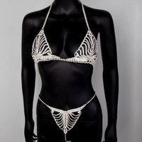 Sexy Kristall-Bikini-Sets Strass-BH Körperketten-Set Quasten-BH-Ketten-Set mit Höschen-String-Ketten-Körper-Schmuck für Partys