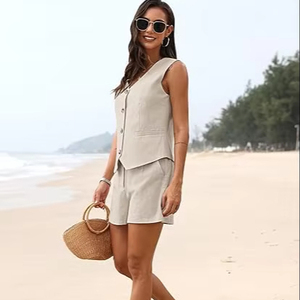 Comodo7 Enyami verano moda ropa de casa algodón Lino Co Ords pijamas señoras botón camiseta sin mangas chaleco pantalones cortos Casual conjuntos a juego - Product Image 1