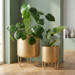 Luxury Embossed Gold Metal Planter with <b>Stand</b> Modern Metal Flower Pot <b>Vase</b> Premium Indoor Outdoor Decorative Plant Holder - Product Image 4