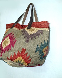 Antique Handmade Indian Tote <b>Bag</b> Women Cotton Jute Leather <b>Strap</b> Bohemian Vintage Style Large Capacity Lightweight <b>Shoulder</b> <b>Bag</b> - Product Image 4