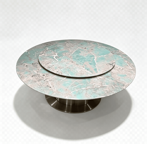 Table à manger ronde de luxe en marbre vert avec plateau tournant Lazy Susan, design moderne, base en métal, mobilier de maison, 4 places, garantie 1 an - Product Image 1