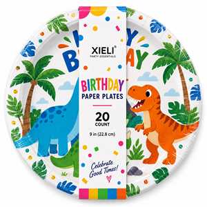 Vaisselle de fête XIELI fabriquée en Indonésie, assiettes en papier jetables pour enfants, décoration de table pour célébrations, thème dinosaures, 9 pouces - Product Image 1