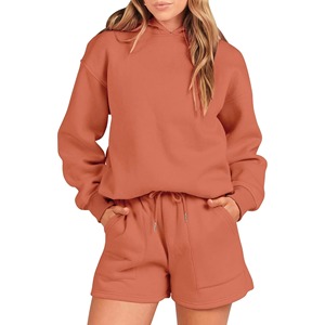 Ensemble court en polaire à capuche pour femme, couleur unie, coupe ample, décontracté, deux pièces, tenue de short, toutes saisons, qualité supérieure 280 g/m² - Product Image 1