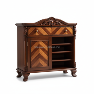 Table de toilette en bois massif sculpté à la main de style antique de luxe avec placage en chevron et <span class=keywords><strong>miroir</strong></span> rond pour la chambre à coucher - Product Image 4