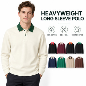 Wholesale Custom Logo 320 GSM Cotton Contrast Collar <b>Polo</b> Sweatshirt Heavyweight Long Sleeve Pullover OEM - Product Image 1