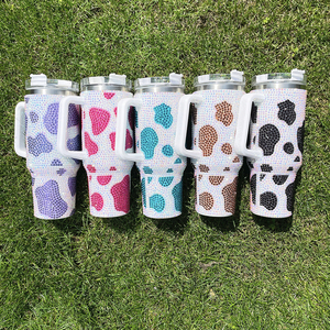 25PACK Super Sparkly Rhinestone Bling studded Milk <strong>Cowprint</strong> 40oz Double Wall Stainless Steel Tumbler With Handle Lid and Straw - Product Image 3
