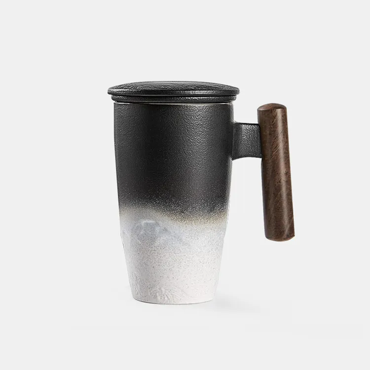 Grosir Mug Teh Keramik Cina Hitam Putih Desain Unik 12Oz dengan Infuser dan Tutup