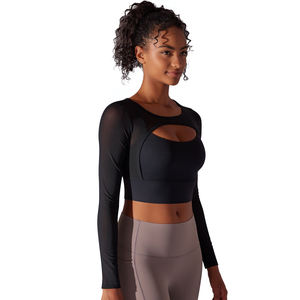 Translucent Mesh Yoga <b>Top</b> with Double Stitching Long-sleeved and <b>Tight</b>-<b>fitting</b> Sexy Design Full Women Crew Neck Tank 220 Grams - Product Image 3
