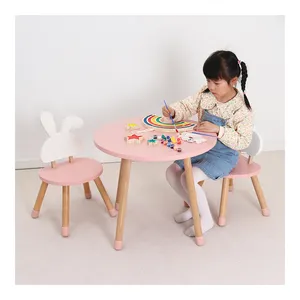 Ins Furnitur Kayu Montessori Set untuk Anak-anak, Meja Belajar dan Kursi, Kamar Bayi dan Perempuan TK, Merah Muda