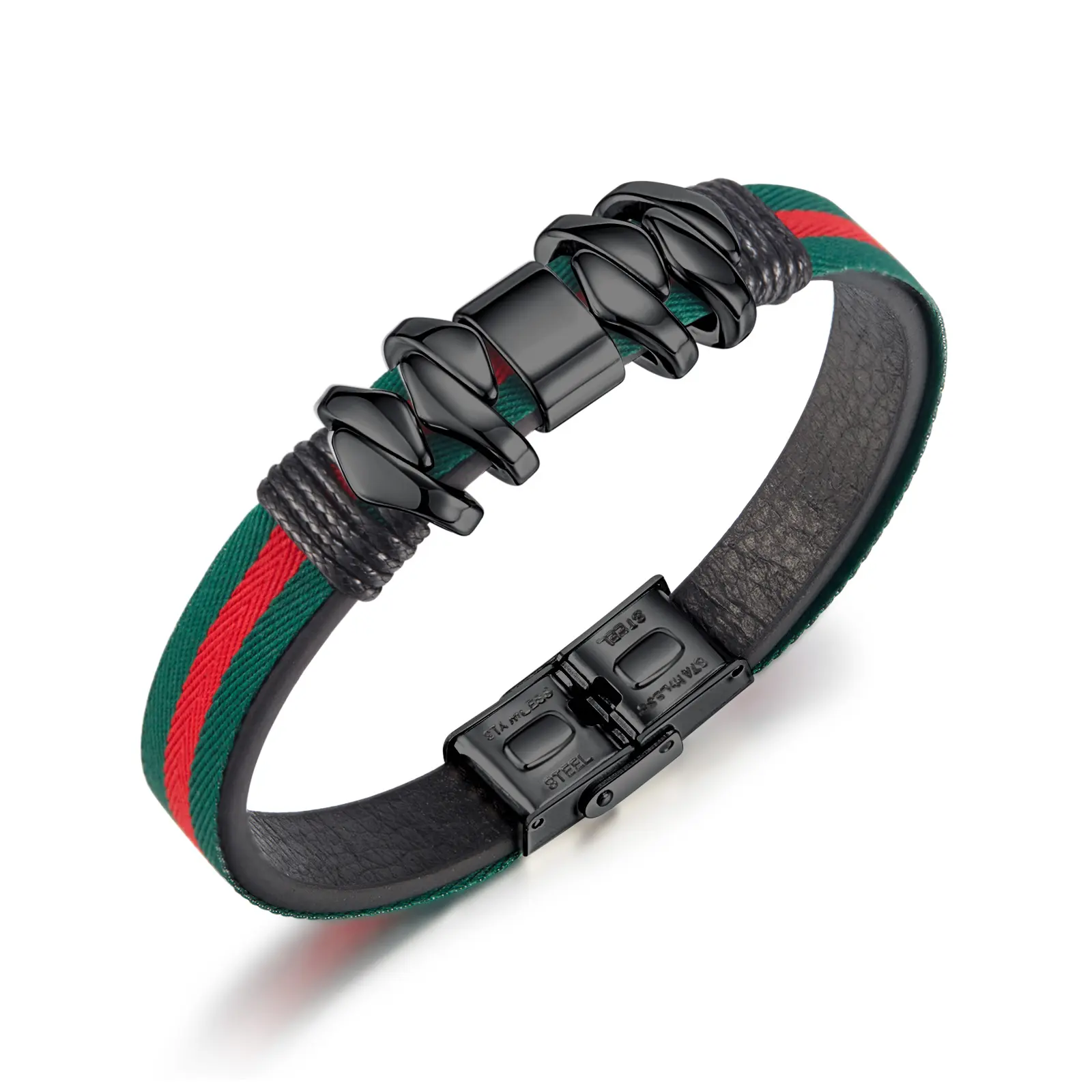 Zwarte Plaat Rvs Sluiting Dubbellaags Kostuum Sieraden Rood Groen Gestreept Sailcoth Nylon Lint Lederen Armband Ph1540