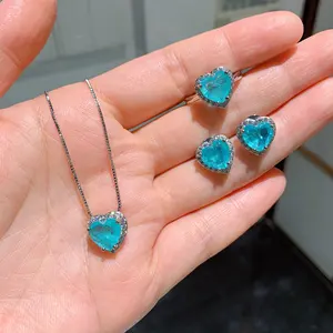 Fashion Hart Paraiba Toermalijn Edelsteen Oorbellen/Hanger/Ketting Bruiloft Sieraden Sets Groothandel