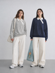 Sweat-shirt <span class=keywords><strong>polo</strong></span> rayé pour femme, manches longues, <span class=keywords><strong>col</strong></span> contrastant, coupe décontractée, fabrication sur mesure, marque privée, OEM, ODM - Product Image 1