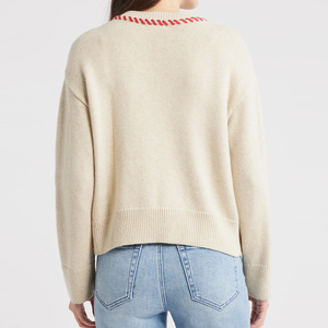 <span class=keywords><strong>Cardigan</strong></span> Oversize in Maglia con Ricamo Floreale Crema e Dettagli Rossi, Manica Lunga, Produzione ODM e OEM Wisrise - Product Image 2