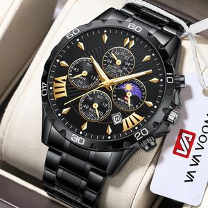 Montre multifonction pour homme, chronographe noir, phase de lune, acier inoxydable - Product Image 6