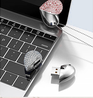 Memoria USB 2.0 de 8GB con Forma de Corazón, Collar Romántico con Diamantes, Llavero Gratis, Idea de Regalo de Boda, Material Metálico
