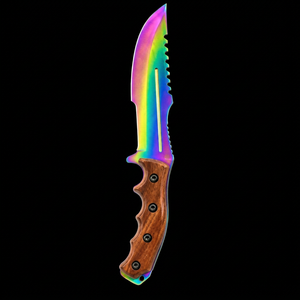 Cuchillo de caza con punta curva y revestimiento arcoíris, mango de madera, hoja de acero inoxidable con borde dentado, hecho a mano y personalizado - Product Image 1