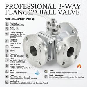 Vanne à boisseau sphérique à trois voies en acier inoxydable de type T/L, à bride, pour eau haute température, avec poignée, ANSI Classe 150/2500 Wye T/L Type 3 - Product Image 1