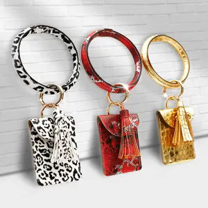 PU couro chaveiro pulseira com carteira pingente leopardo impressão couro Coin Purse cartão saco chaveiro pendurado ornamento pulseira
