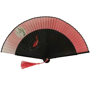 Bamboo Hollow Bone Slik Fan's Cover Folding Hand Fan with Tassel for Wedding