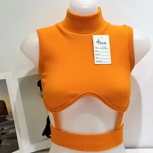 Bra rajut tanpa lengan leher tinggi desain berongga seksi mulus bralette Solid tanpa lengan tanpa bantalan dada atasan rompi wanita yoga olahraga kebugaran lari