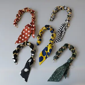 REWIN Vintage Polka Dot Design Silk Ribbon Scarf Wrapped Gold Short Metal Chain for Bag Purse Handle